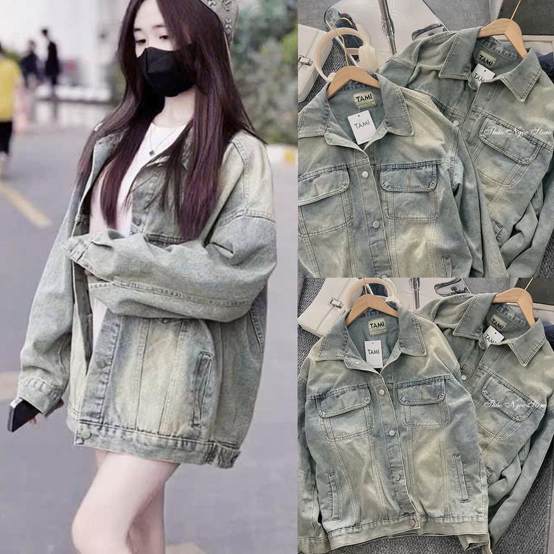Áo khoác jean nữ trơn tay dài form rộng dài 68cm! THẢO NGỌC STORE Nữ Women Top Bò