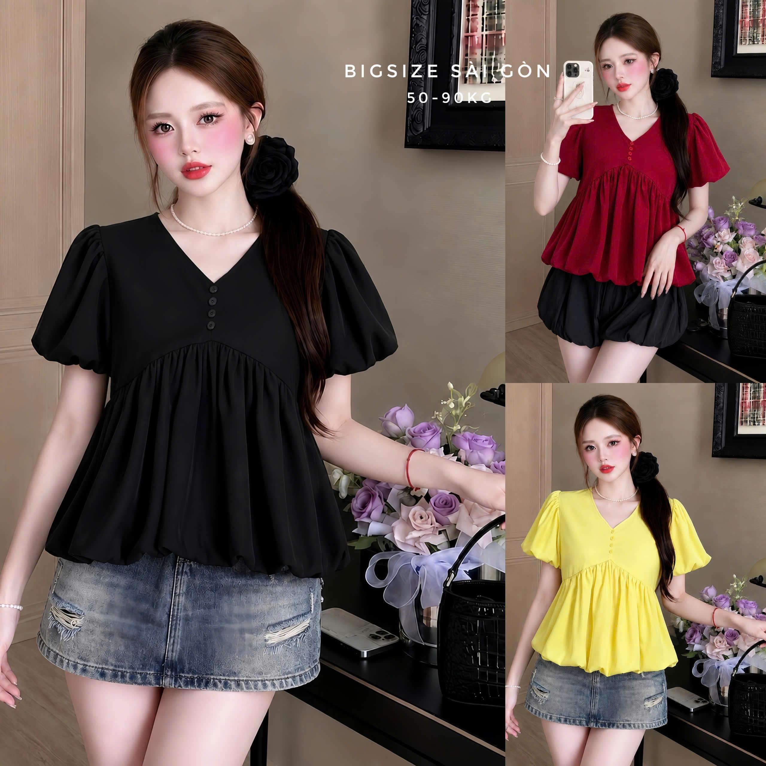 Áo Babydoll Nữ Lụa Pháp 2 Lớp Cổ Tim Tay Phồng, Form Xòe Che Bụng Có Bigsize 50–90kg - B.1870