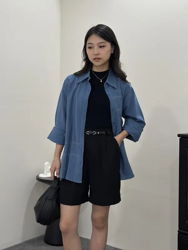ASOKA Twila Shirt 2289 - Contrast Stitching Oversize Blouse Long Sleeve - Atasan Wanita Kemeja Kasual Linen Baju Panjang 4