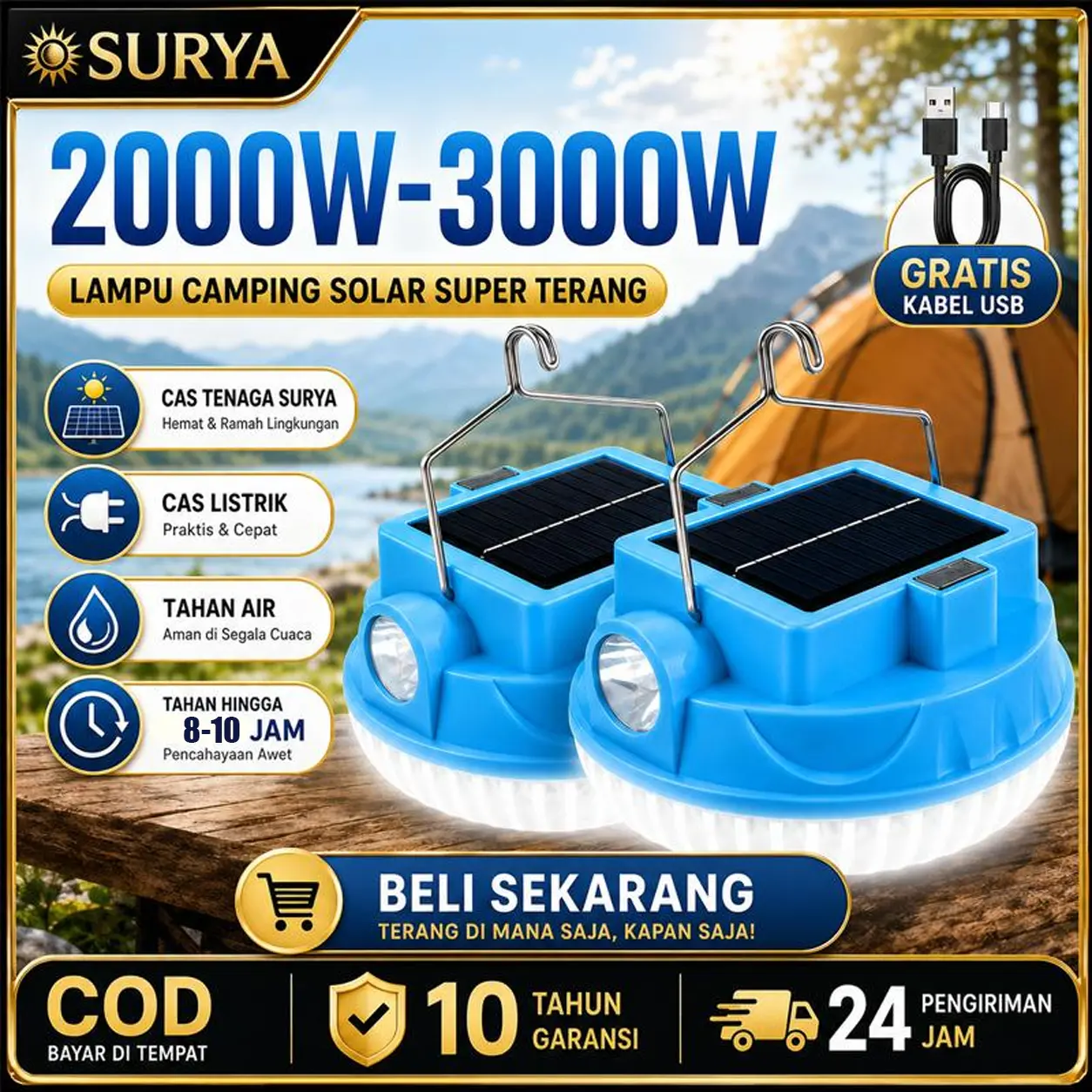 【Garansi 3 tahun】3000W Lampu LED Emergency UFO Senter Solar Panel Baterai Lepas Lampu Darurat Lampu Luar Ruangan Multifungsi