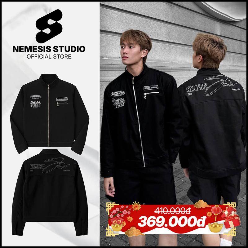  Nemesis Studio | Áo Khoác Jean Denim Cổ Trụ Form Boxy Phong Cách Vintage Work Jacket Kaki Nam Nữ Đứng Form Crop 