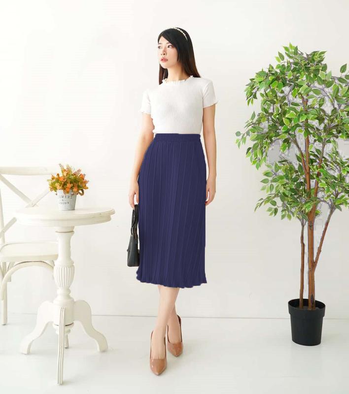NHM Rok Midi Plisket Lebar Shiny Hyget Premium Dewasa Karet Nyaman Wanita Bawahan Pendek Santai 4