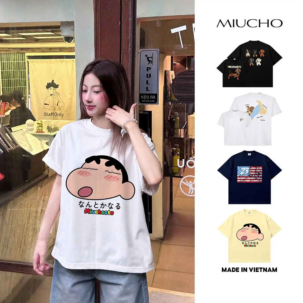 [BÁN CHẠY] Áo thun boxy hoạt hình Miucho BST cổ tròn chất vải cao cấp dày dặn in mix