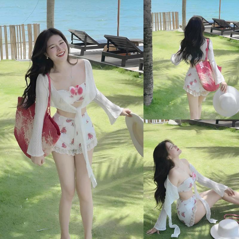 Sét 3 Món Áo Bra Đính Bông Ngực Họa Tiết Phối Khoác Len Ren Tay Dài Kèm Quần Đùi Phối Viền Ren Quyến Rũ Nữ Tính Dịu Dàng Thanh Lịch Sang Trọng Dễ Thương  - Free Size - Women, Top Màu ĐEN- ĐỎ