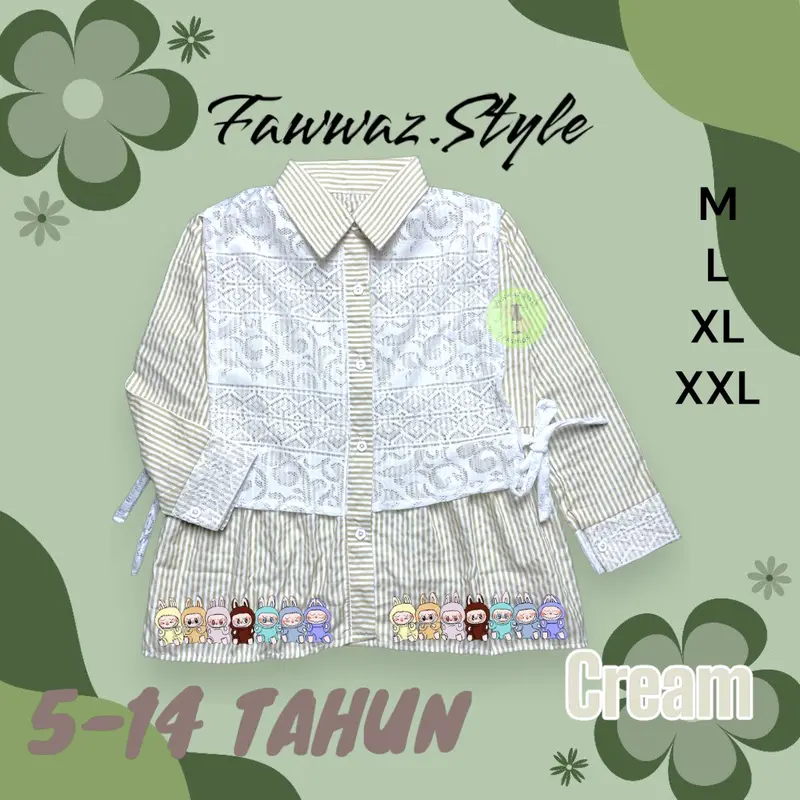 [Bisa COD] Kemeja Blouse Salur Mix Brokat ARUMI LABUBU Anak / Kemeja Salur Brokat Korean Style Anak Perempuan Fashion Viral Pakaian 4