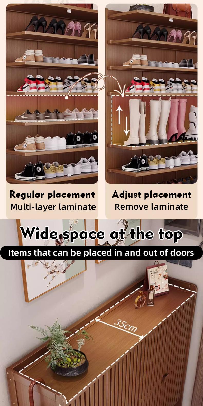 Product Introduction of SG Local Seller 2025 – Upgrade your entryway with this Bamboo Shoe Rack Cabinet, featuring breathable doors and thickened laminate shelves for storage. 36