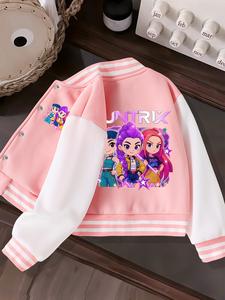 Chamarra de béisbol con estampado de K-Pop para niñas, ropa de abrigo deportiva casual para edades 4-14, ideal para uso diario en otoño e invierno, perfecta para regalo de cumpleaños
