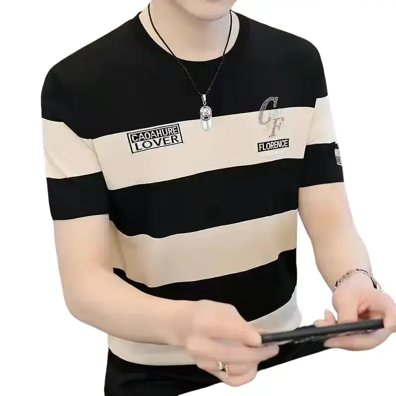 Short Sleeve 2023 New Summer Striped Short Sleeve T-shirt Men's Thin Fashion Brand Ice T-shirt Half Sleeve Ice Silk Top Menswear Lingerie