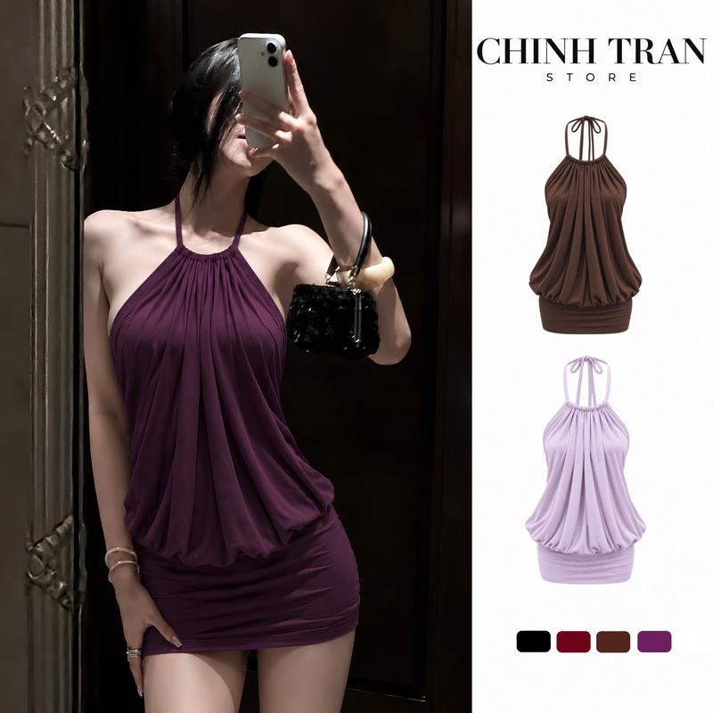 Đầm Cổ Yếm Hở Lưng Buộc Dây Dáng Váy Body Ngắn Xếp Ly Phồng Rủ Nhẹ