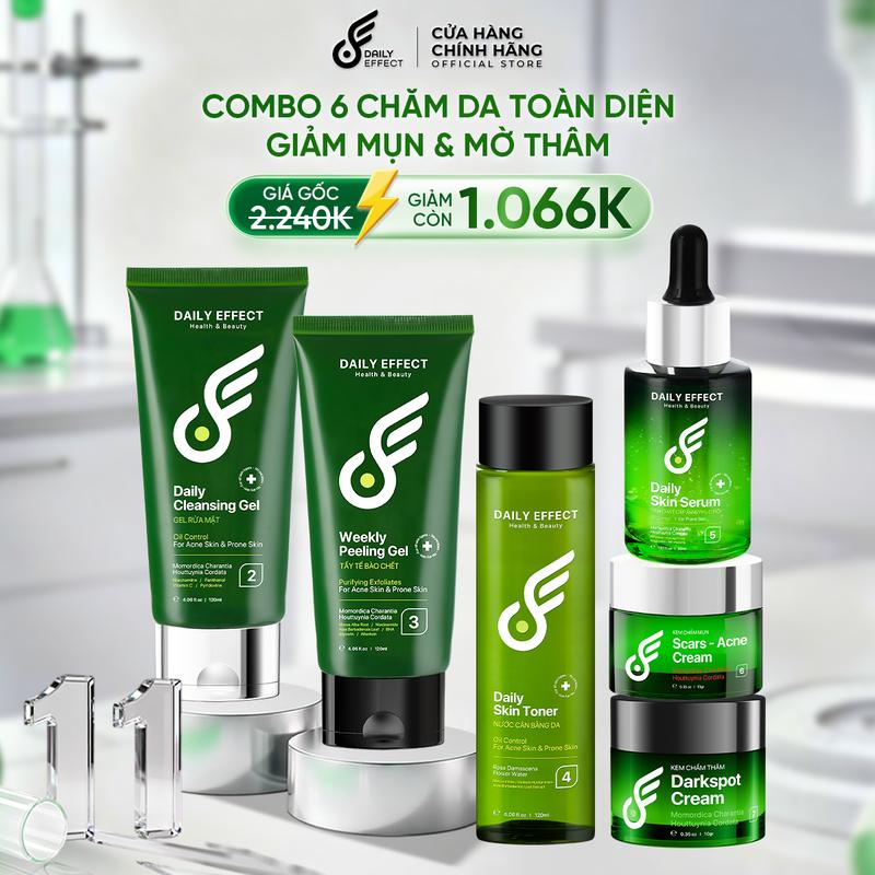Combo Sữa Rửa Mặt + Tẩy Tế Bào Chết + Toner + Serum HA B5 + Kem Chấm Mụn + Kem Giảm Thâm Sau Mụn - DAILY EFFECT 120ml + 120ml + 120ml + 30ml + 10g + 10g