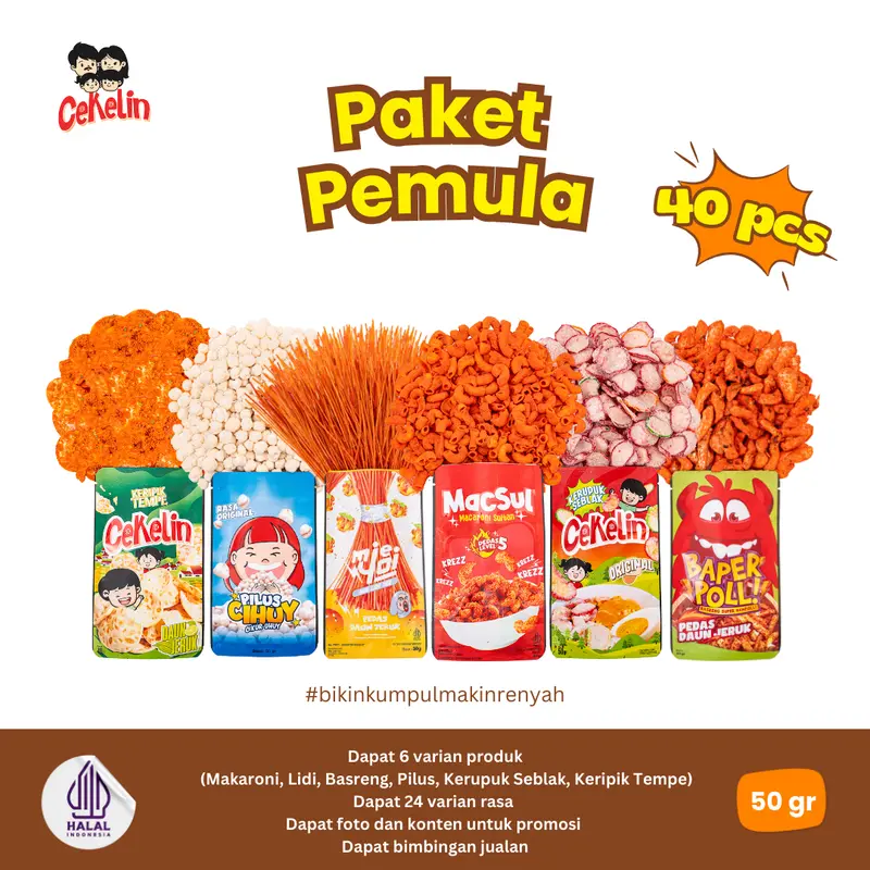 CEKELIN Cemilan Paket Pemula 40pcs Makaroni Mie Lidi Pilus Kerupuk Seblak Basreng Keripik Tempe  Snacks Cemilan Murah Gratis Ongkir 0