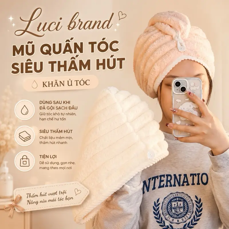 Mũ Quấn Tóc Siêu Thấm Hút Nhanh Khô, Khăn Lau Tóc Lọn Bông To Siêu Thấm