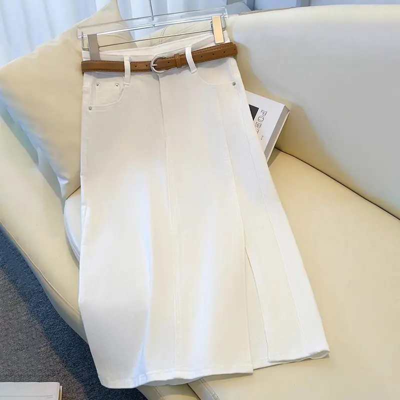 rok jeans split gaya korean style rok celah samping panjang denim a line skirt jumbo kekinian fashion bigsize berpinggang tinggi sedang untuk menutupi rok pinggul selangkangan rok sobek samping Casual Hitam Maxi Dewasa 8
