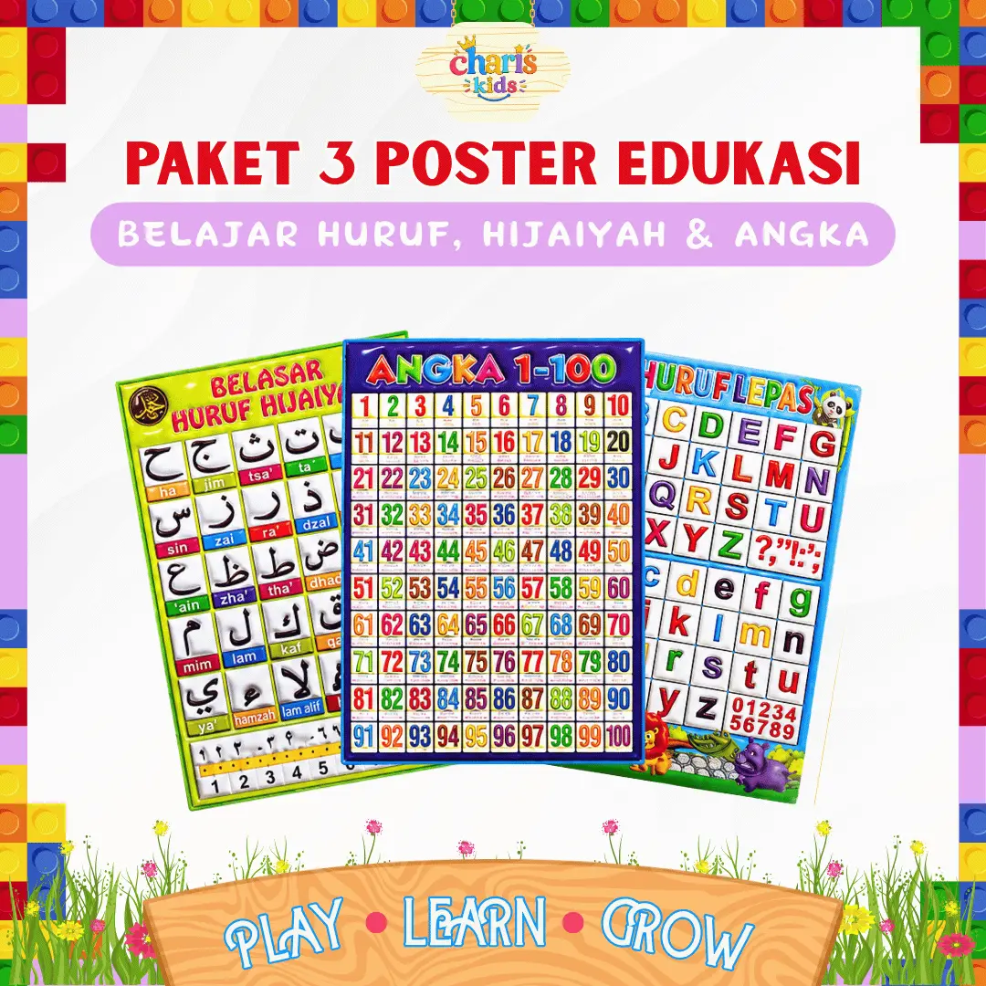Paket 3 Poster Belajar Anak Edukasi Mengenal Huruf, Angka dan Hijaiyah