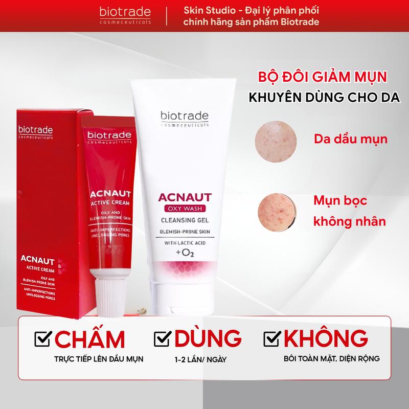 Bộ đôi làm sạch - giảm mụn sưng viêm gồm sữa rửa mặt Biotrade cho da dầu 50ml + kem chấm mụn Biotrade Acnaut Cream 5ml