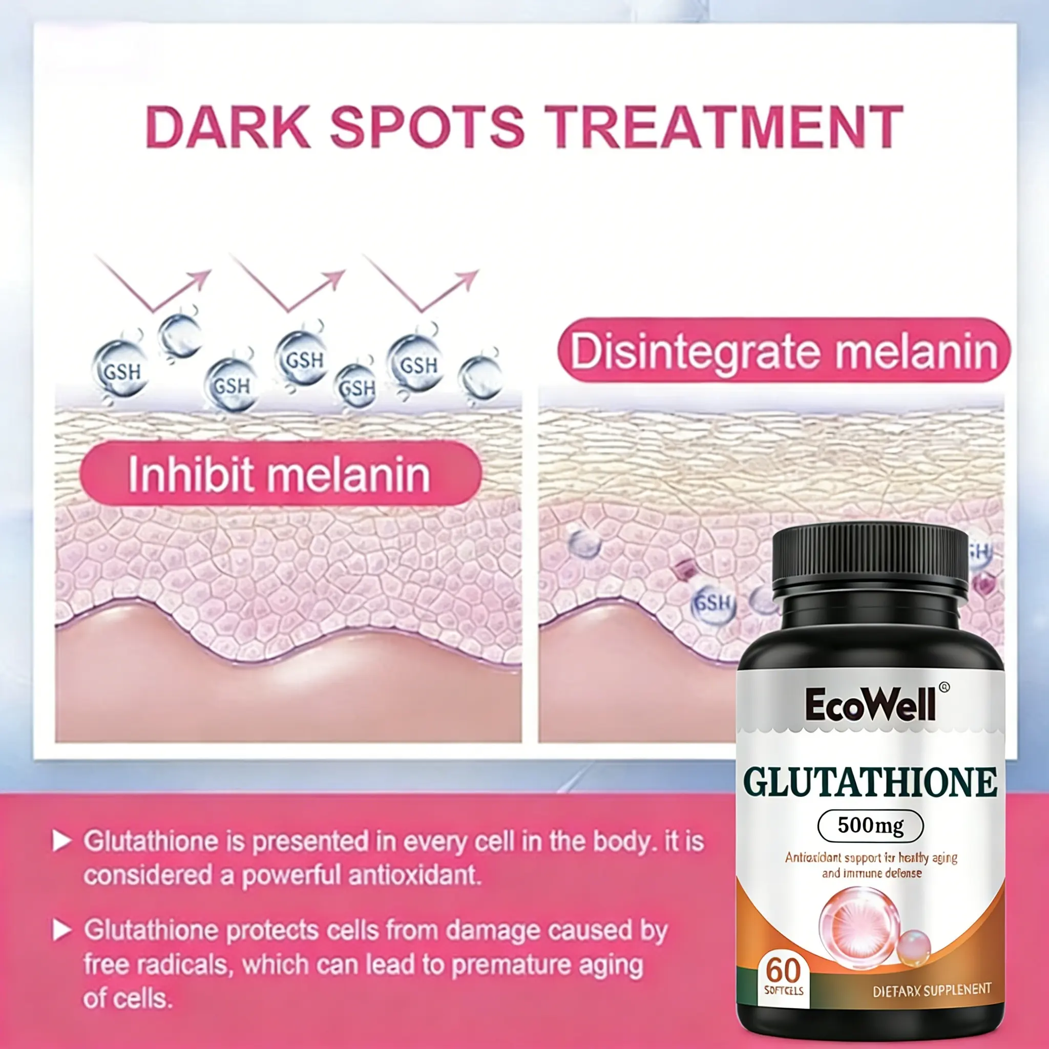 Glutathione, memperbaiki kulit rusak, memutihkan badan, antioksidan, menghilangkan flek, suplemen kecantikan anti penuaan - Shop