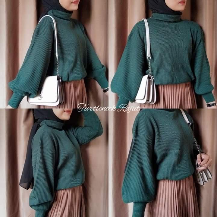 Bayoneta Sweater Rajut Balon Atasan Wanita  Kerah Turtle Salur Tangan Panjang Knitwear 4