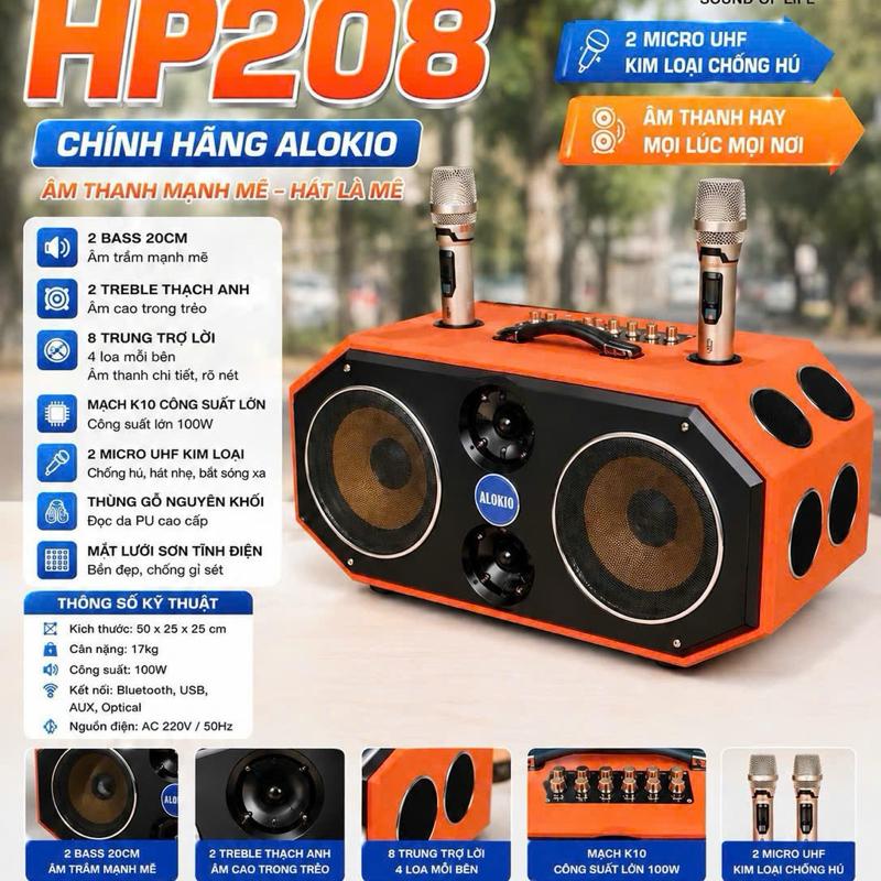 Alokio HP208 Loa Bluetooth 100W, 2 Micro UHF Kim Loại Chống Hư, 2 Bass 20CM, 2 Treble Thạch Anh, 8 Trung Trợ Lợi, Mạch K10 Công Suất Lớn 100W, Thùng Gỗ Nguyên Khối, Mắt Lưới Sơn Tinh Điện