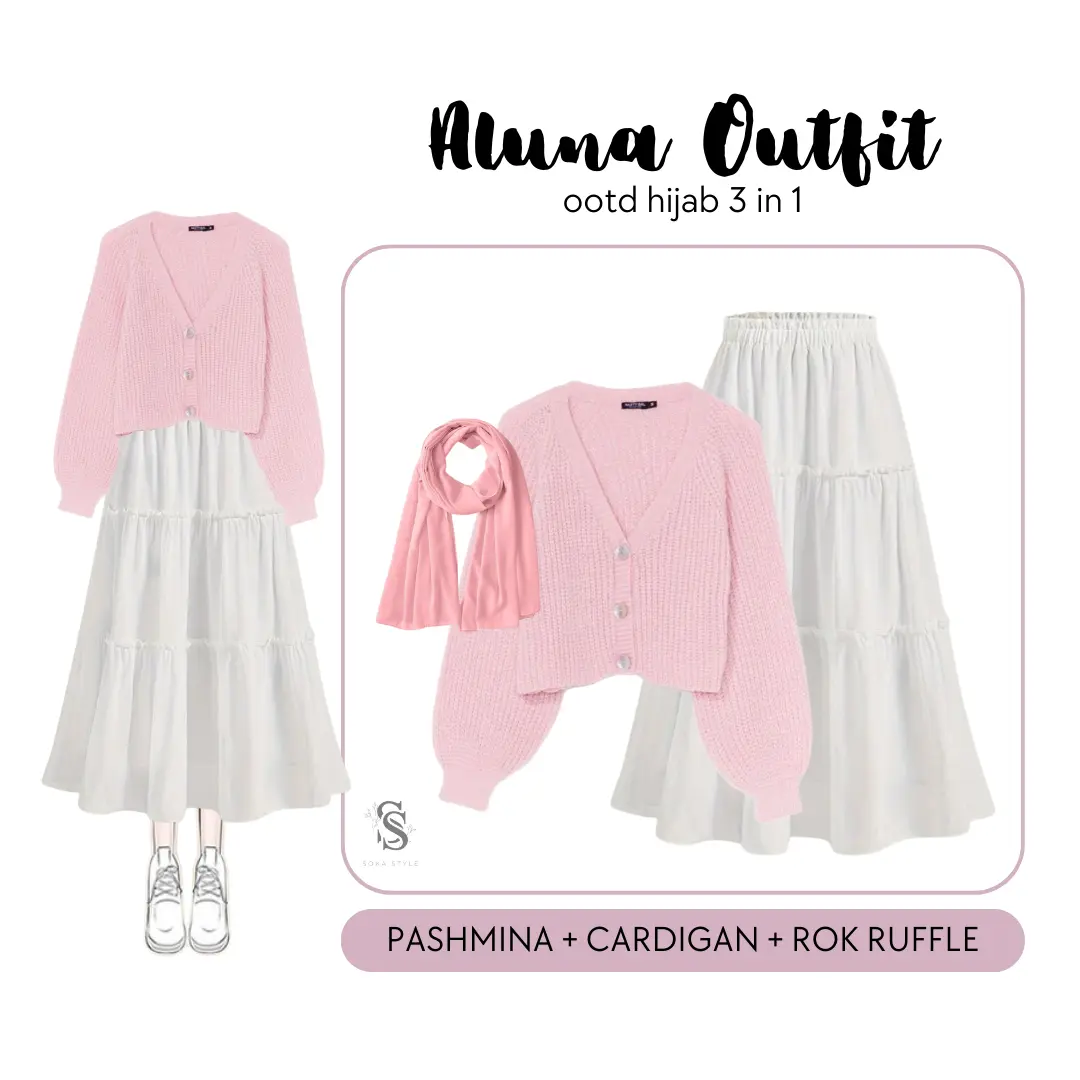 One Set 3in1 Wanita Kekinian (Pashmina + Cardigan + Rok Rempel) OOTD Korea Dusty Pink - SS35 import ala Korea