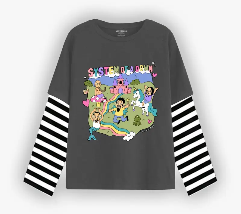 Yinyanks TrdMrk T-shirt Double layer salur System of a down carton long sleeve kaos pria wanita Katun Keren Nyaman Panjang 1