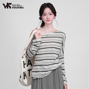 VISUKING Áo Thun Nữ Dài Tay Sọc Vai Rộng Rãi Thoải Mái Có Nếp Gấp Thiết Kế Một Vai