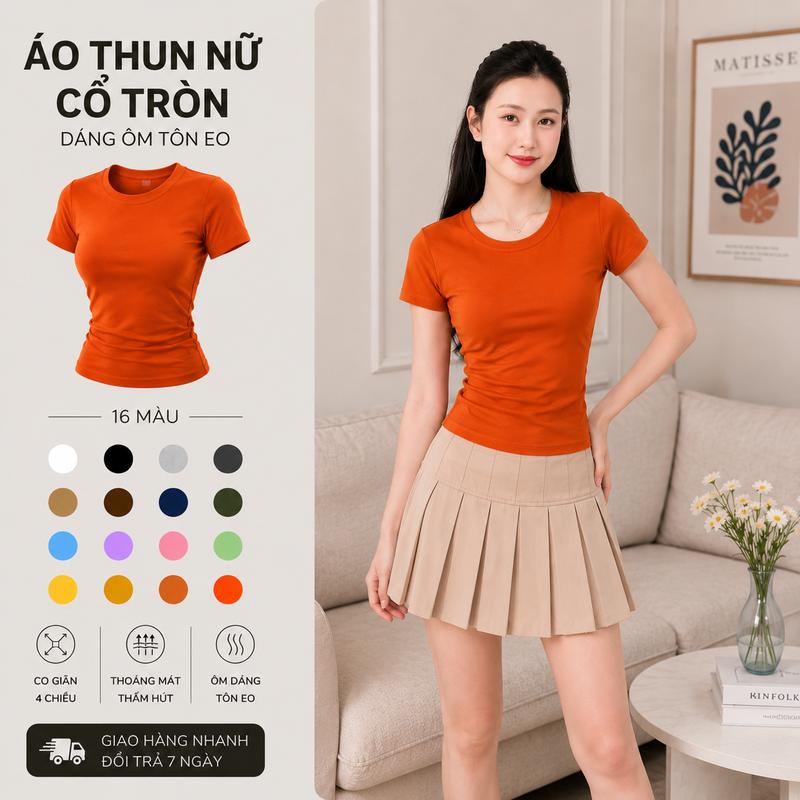 Áo Thun Nữ Cotton Cổ Tròn Co Giãn 4 Chiều, Form Ôm Body Thắt Eo Tôn Dáng, Áo…
