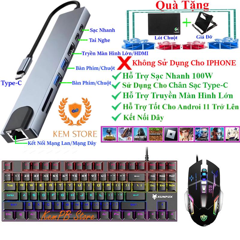 OTG 8in1 Chui Type-C + Bàn Phím Chuột Cơ Gaming Hỗ Trợ Game FreeFire,PUBG,Minecraft,Roblox......Trên điện thoại Androi Từ 11 Trở Lên