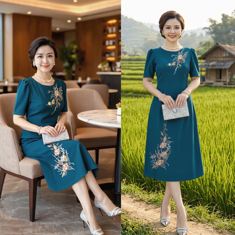 Đầm Trung Niên Thêu Hoa 3D Kim Sa Pha Lê Cao Cấp - Vải Tuyết Mưa Che Bụng, Sang Trọng Đi Tiệc U40 U50 U60h thanh lịch, phù hợp cho mọi dịp