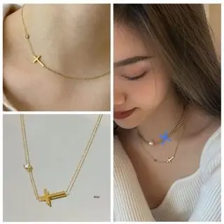 kalung salib mata zircon titanium premium wanita anti karat dan tahan luntur fashion simple elegan terbaru 1