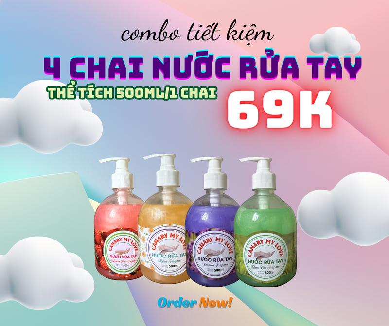 COMBO 4 CHAI Xà phòng nước rửa tay chai gel sữa CANARY hương DÂU DƯA LƯỚI,TRÀ XANH,LAVENDER 500ml chai sạch khuẩn an toàn cho da.