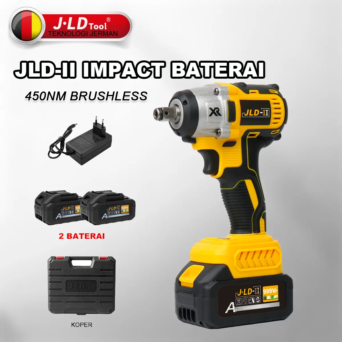 JLD Brushless & Cordless Mesin Bor Impact Set Murah Impact Wrench 999VF 2baterai JLD-II 450NM impact listrik pelengkap lengkap