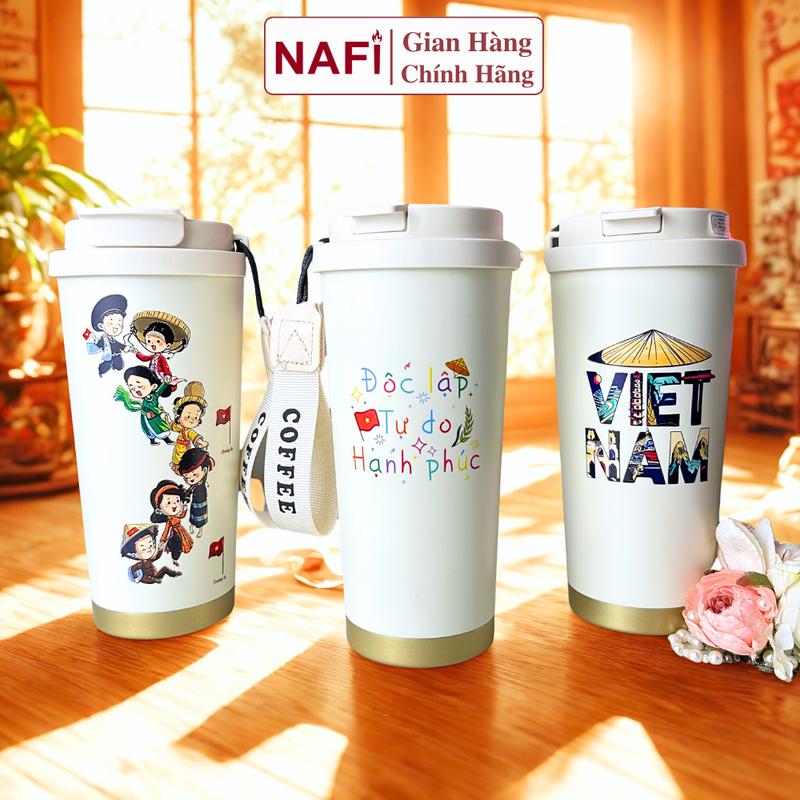 Ly giữ nhiệt NAFI tráng sứ cao cấp, ly giữ nhiệt Inox 316 dung tích 520ml tặng kèm ống hút, quai cầm in hình tổ quốc