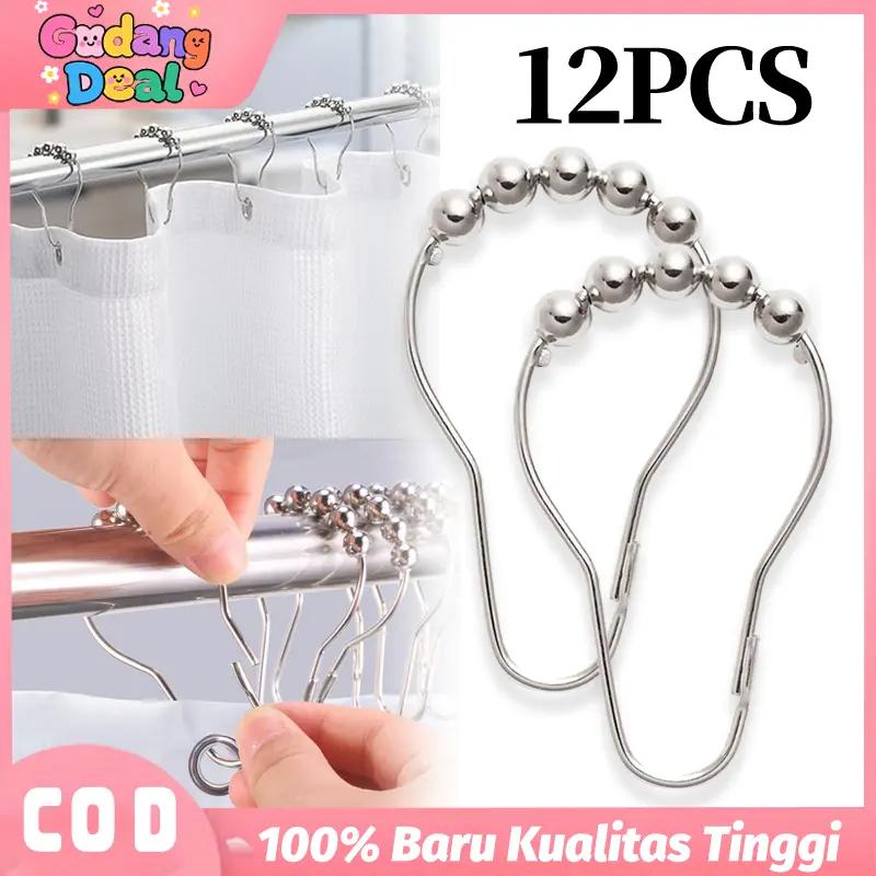 12PCS 5 Bola Roller Ring Pipa Gorden Cincin Pengait Tirai Kamar Mandi Klip Pengait Bahan Nikel