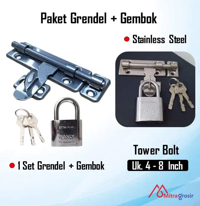 Paket Grendel Pintu Gembok Stainless Slot Pintu Jendela Grendel Overval Tebal Stainless Steel
