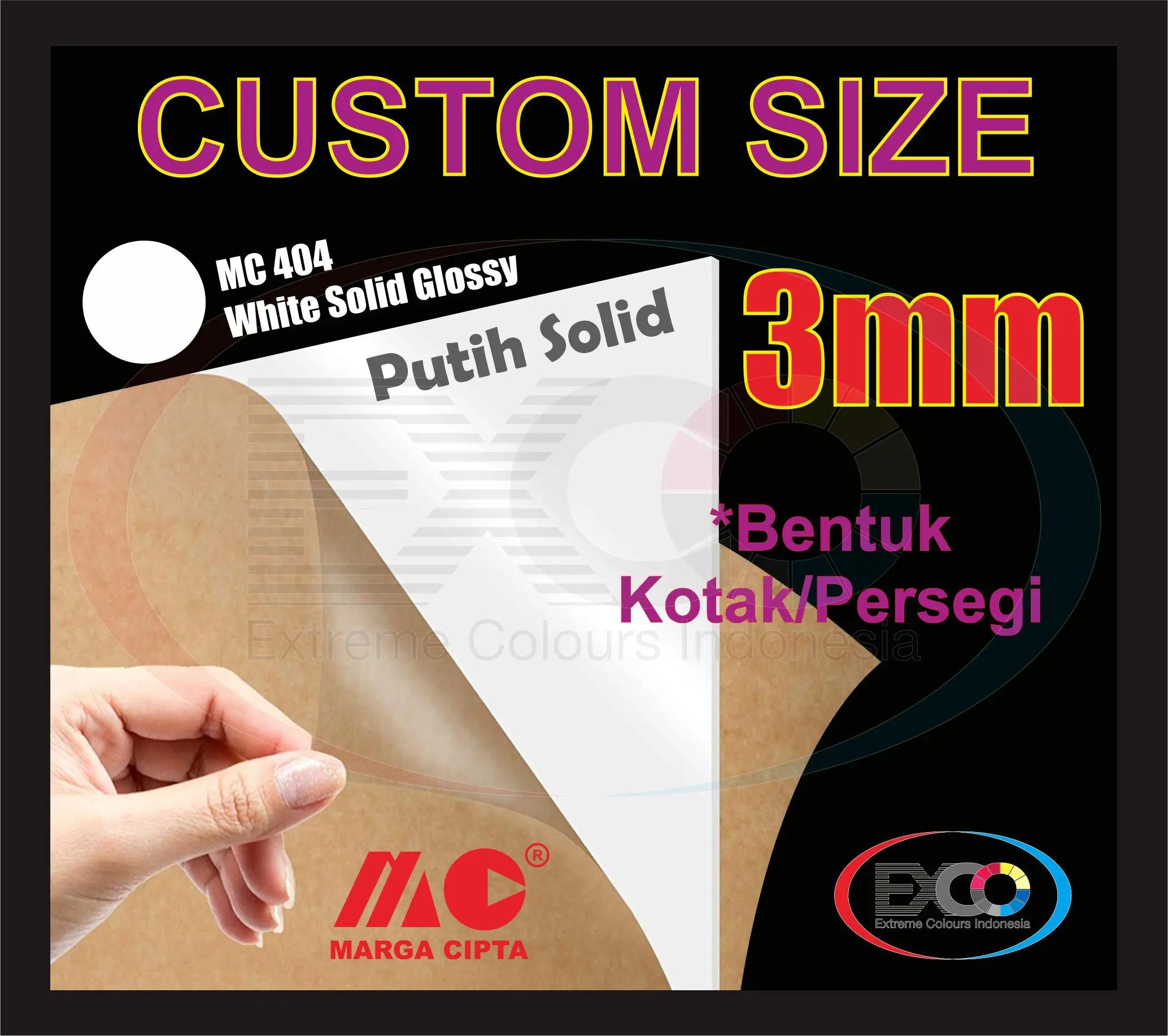 Akrilik lembaran 3mm, Custom Size, Hitam & Putih Solid