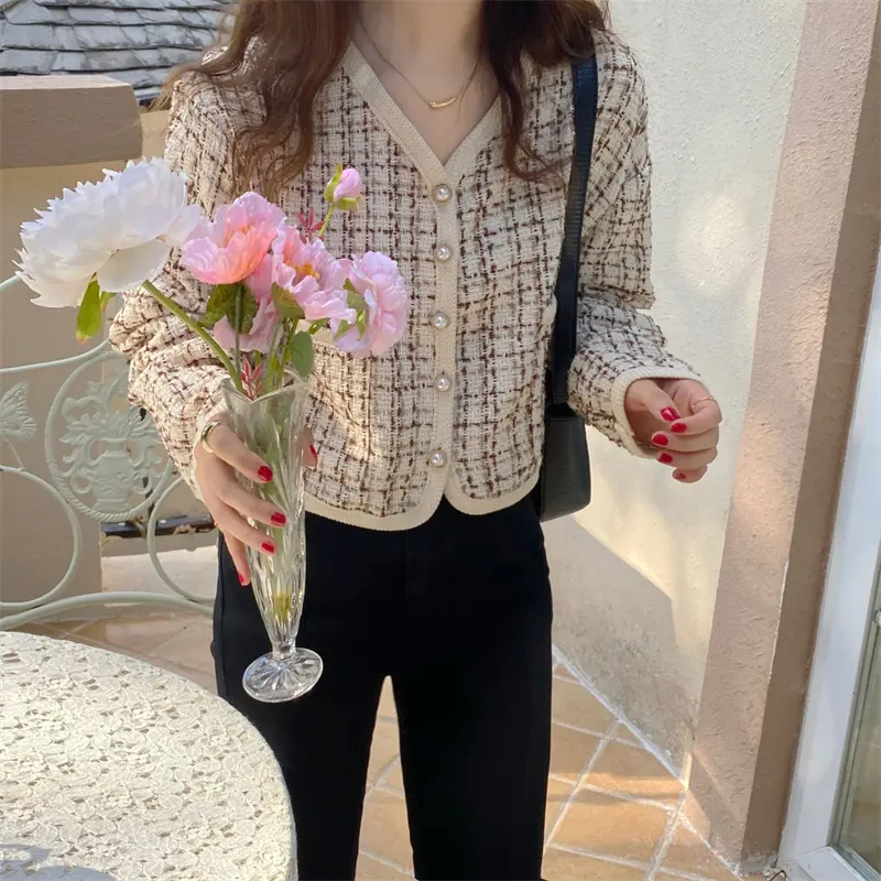 C0007 lybh_store V-neck outerwear pakaian/Retro jaket wanita Import/ Casual/ Slim-fitting/ Striped jaket crop wanita terbaru retro crop wanita korean style Panjang Muda Cardigan Hitam Pendek Kardigan Blazer Top Atasan