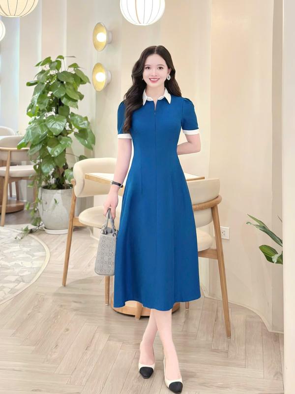 Đầm váy nữ thiết kế Nhật Vy cổ sơ mi tay ngắn dáng xoè bigsize chất lụa công sở văn phòng dự tiệc quà tặng vợ mẹ màu xám hồng xanh - D3365