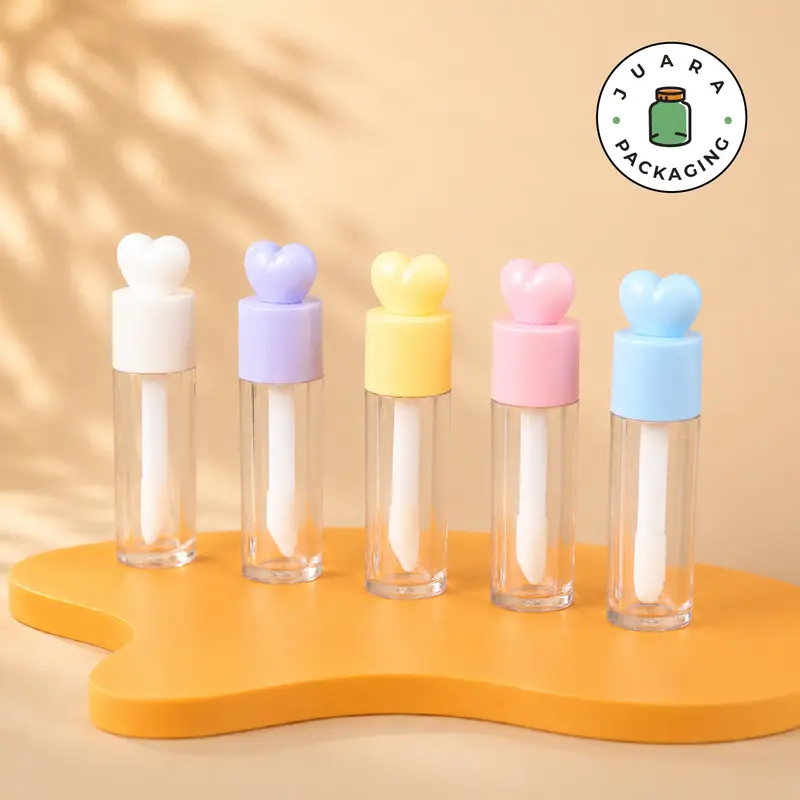 Wadah Lipcare Acrylic 6ml Tutup Bentuk Hati Warna Pink Ungu Biru Kuning Putih – Botol Kosmetik dengan Aplikator Miring Doe Foot, Cocok untuk Lip Serum, Lipbalm, Lipgloss, Liquid Lipstick Refill