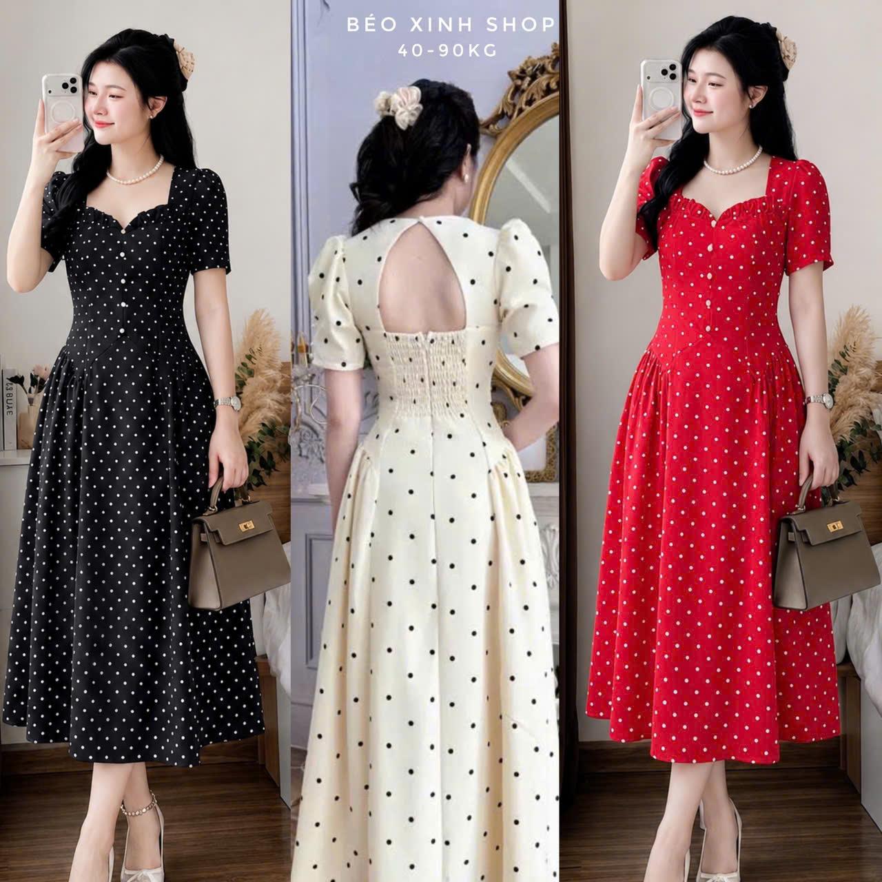 Đầm Chấm Bi Bigsize Bo Chun Lưng Đính Ngọc – Đầm Midi Nữ Dáng Xòe 40–90kg - A.1817