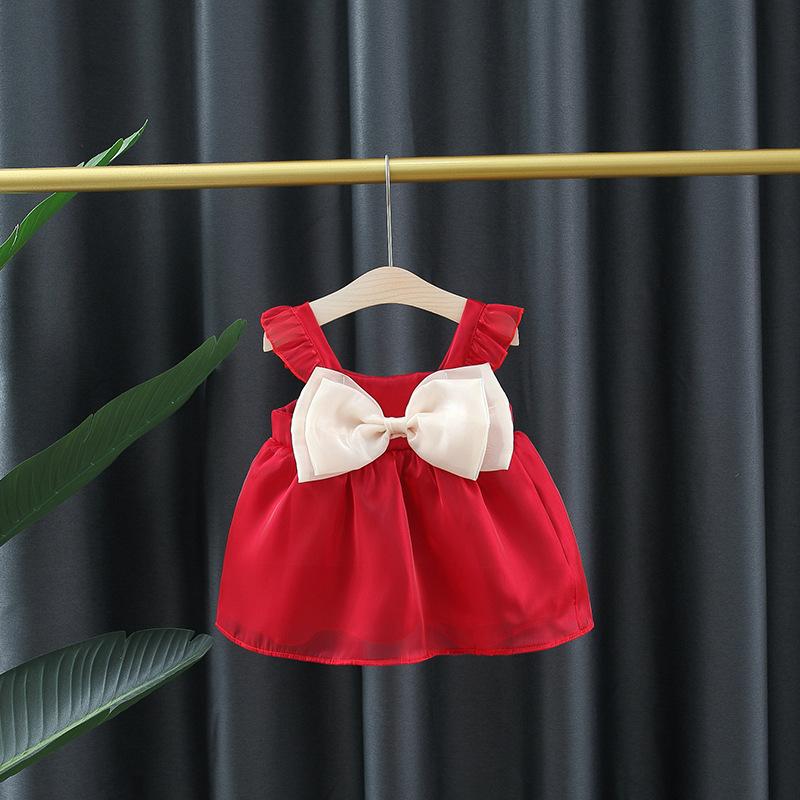 Product Introduction of Solid Color Baby Girls Summer Smooth Cool Children Clothes Sweet Korean Style Kids Bowknot Party Evening Dresses 0 To 3 Years 9
