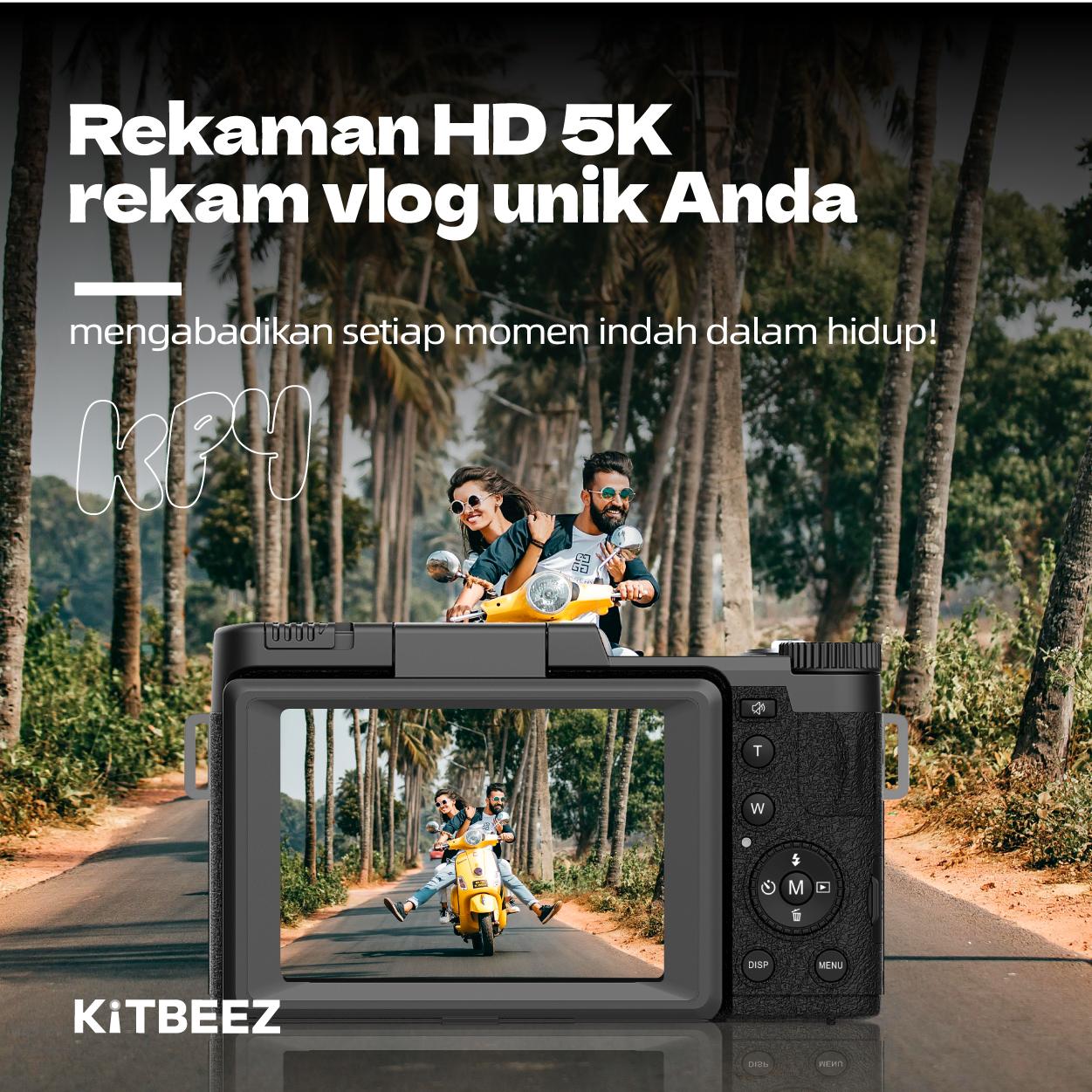 【KiTBEEZ KP-4】 Kamera Digital 5K WiFi 75MP dengan Zoom Digital 18X, Layar Putar 180°, Flash Intelligent Muncul Otomatis untuk Selfie & Pembuatan Vlog