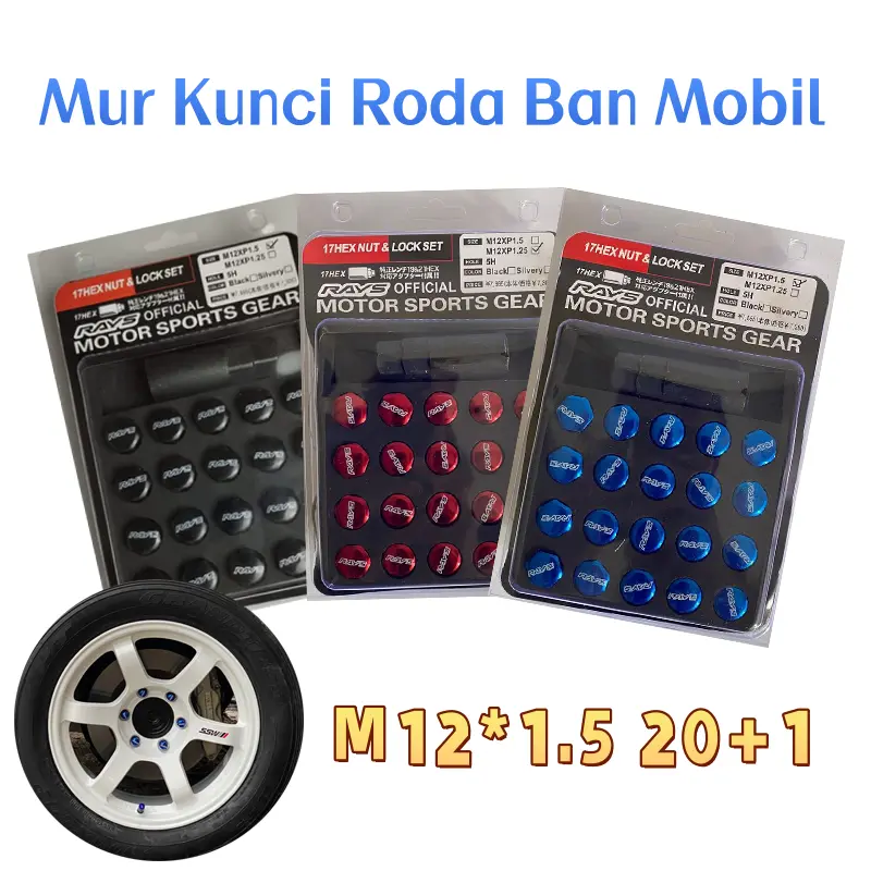 Mur Roda Mobil Racing Lug Nut M12*1.5 ISI 20+1 PCS Baja Karbon Mur Baut Roda Velg Racing Hexnut 32mm