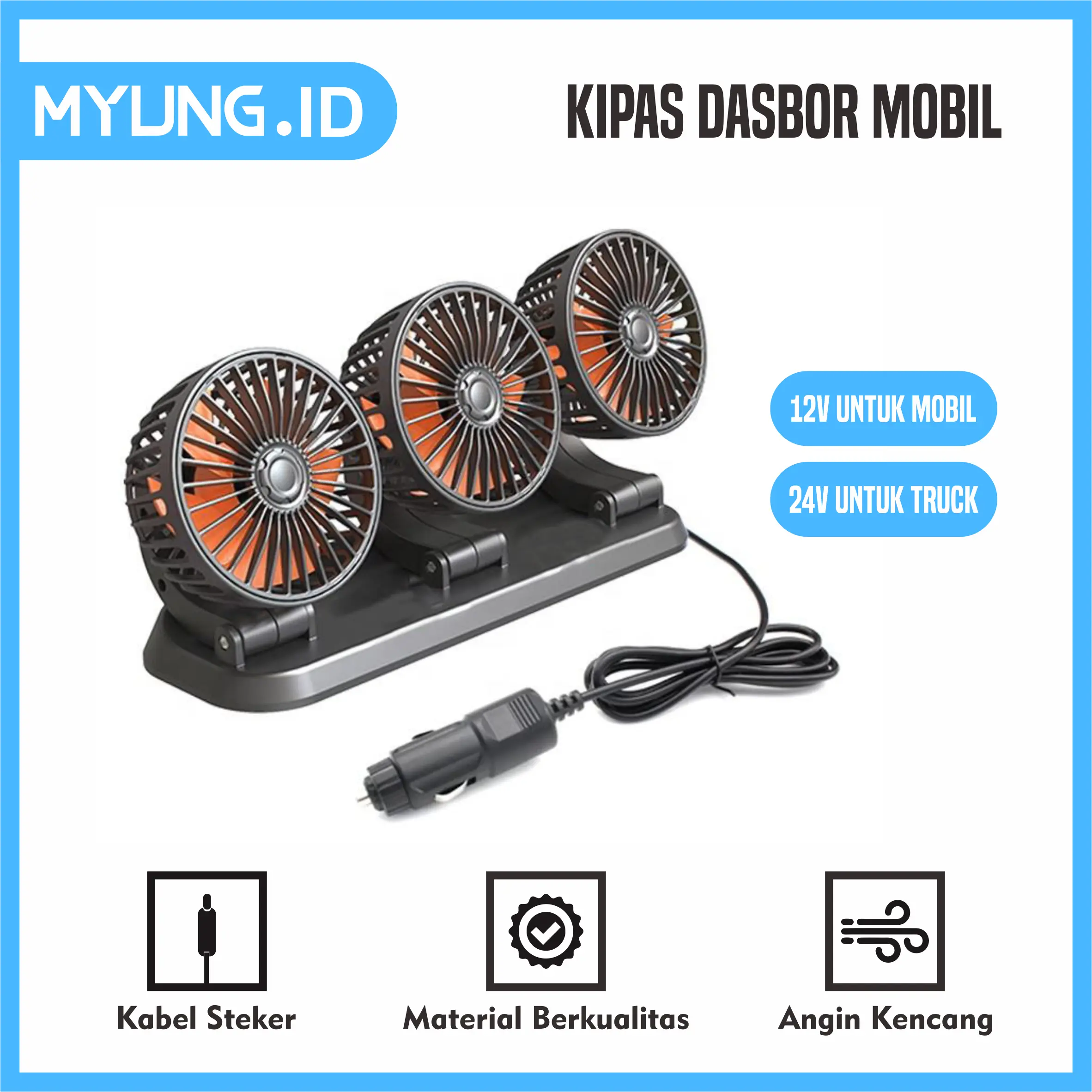 Myung.id Kipas Angin Mobil 3 Kepala 12V/24V / Kipas Pendingin Mobil Truck Kipas Dashboard Mobil Multifungsi Rotasi 360 / Three Headed Vehicle Fan Car Cooling