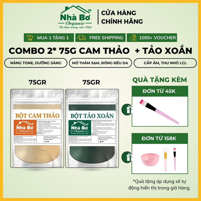 Combo 2 gói x 75g Bột Tảo Xoắn + Bột Cam Thảo | Nhà Bơ Organic - Hỗ trợ dưỡng trắng, mờ thâm, trẻ hoá da
