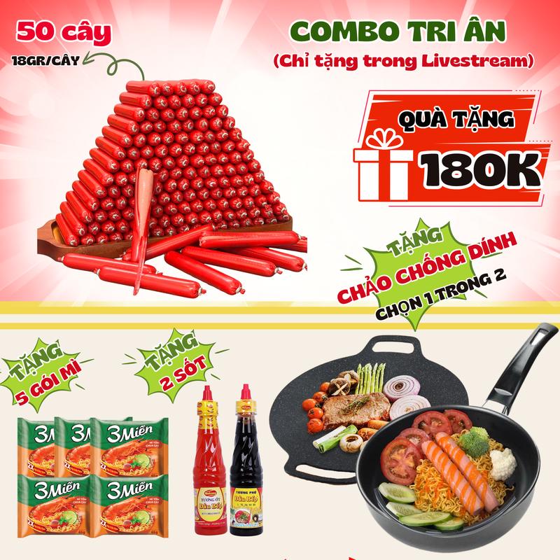 [Mua 1 tặng 4] 50 cây Xúc xích Mini (Cây nhỏ 18gr/cây) - TẶNG 5 gói mì + 2 chai tương ớt + 1 chảo nướng - vị thơm, không mặn, xúc xích ăn liền, đồ ăn vặt, snack, food, thức ăn.