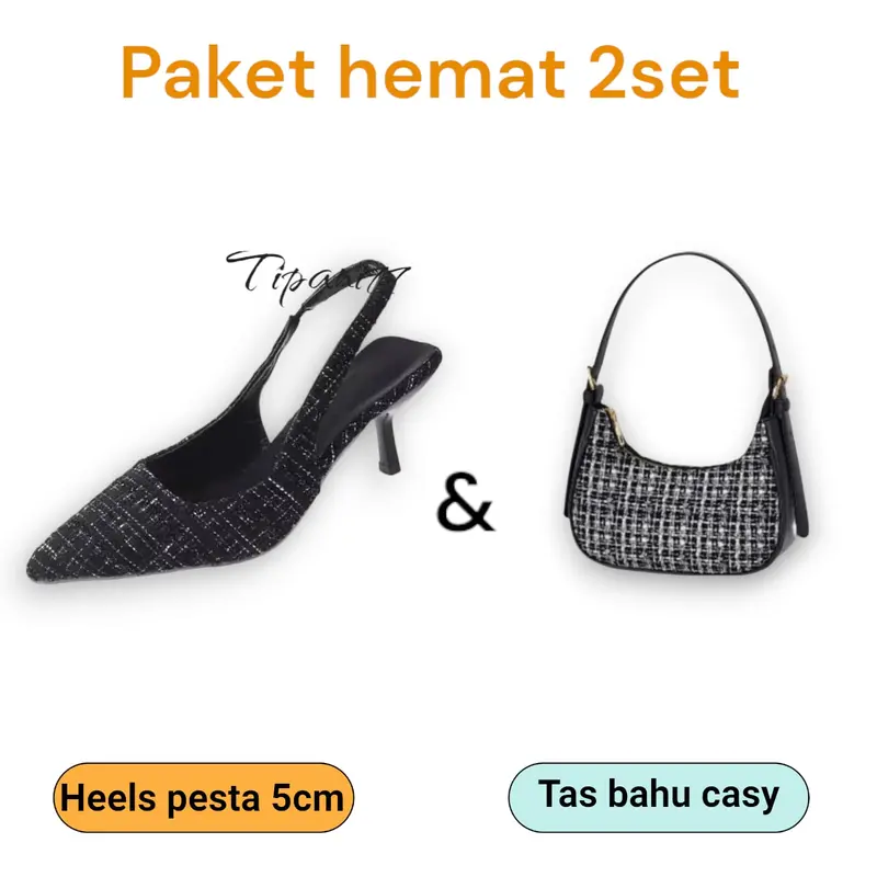 Paket Hemat 2 Set Higheels Pesta & Tas Wanita Bahu Cassy - Shoes Hitam Putih Sandal 4