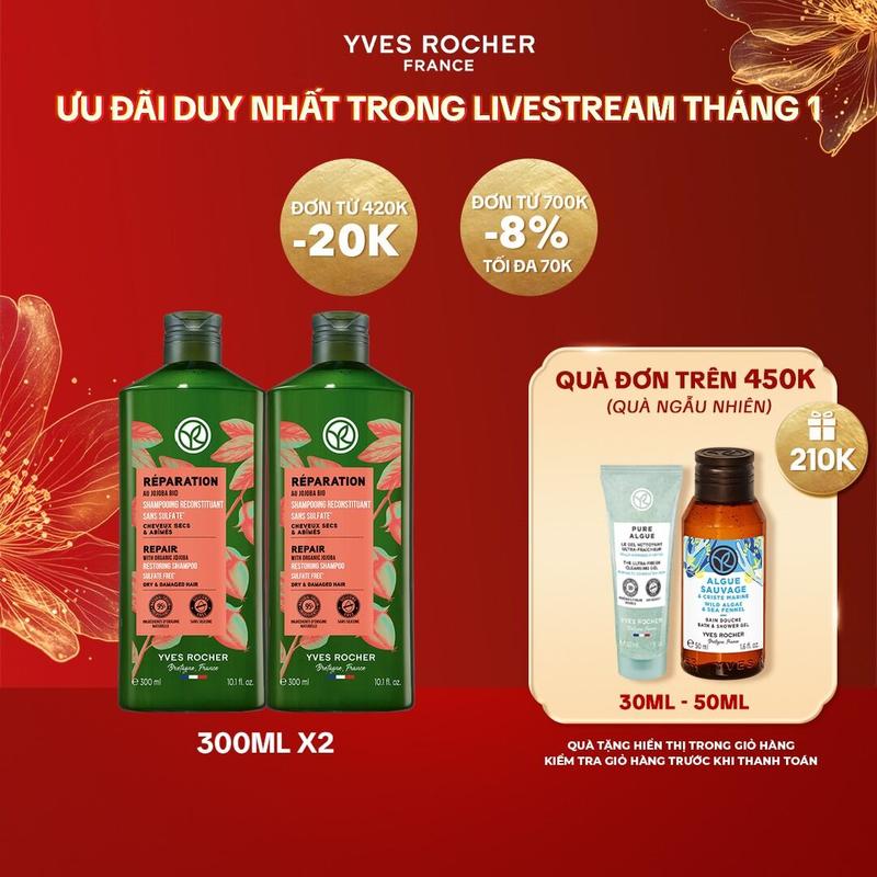   Livestream  Combo 2 Dầu Gội Thiên Nhiên Không Sulfate Không Silicone Yves Rocher Shampoo 300mlx2  nhiều phân loại  