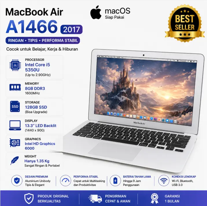 [Pre-owned]MacBook Air A1466 2012 2013 2014 2015 2017  13.3" Core i5 | RAM 8GB | SSD 128GB | Original | Bergaransi Siap Pakai
