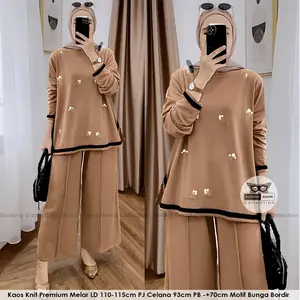 Setelan Knit Bordir Bunga Melati Set Ld 110-115cm PJ Celana 90cm Simpel Modis