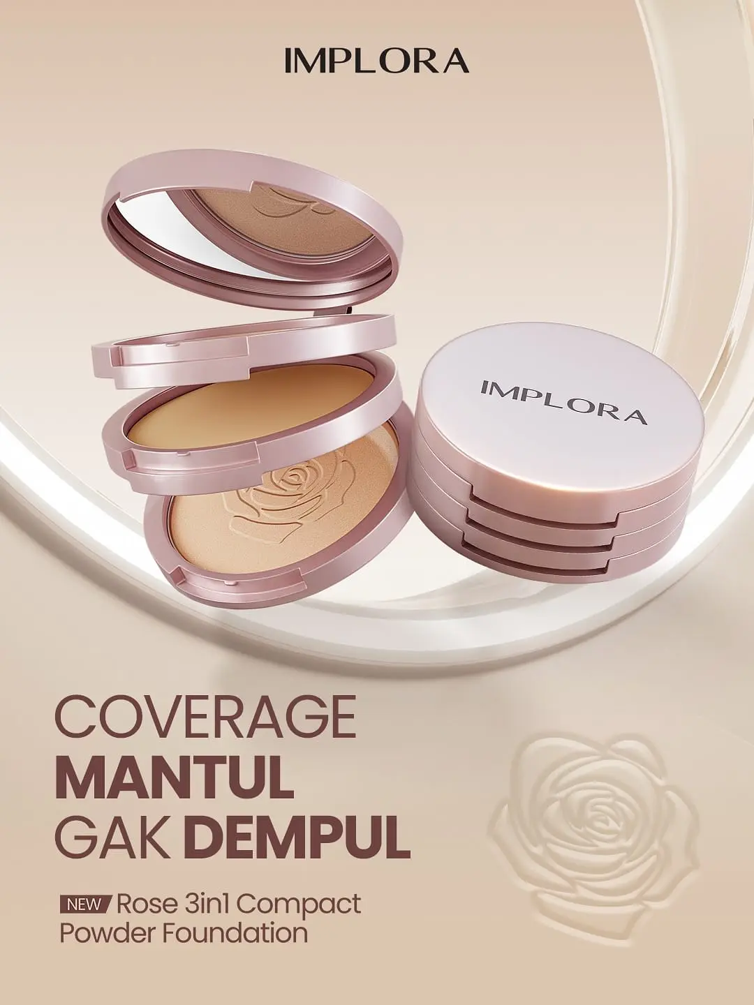 IMPLORA Rose 3in1 Compact Powder Foundation Multifungsi Coverage Medium to High Nyaman Seharian Produk Makeup Praktis